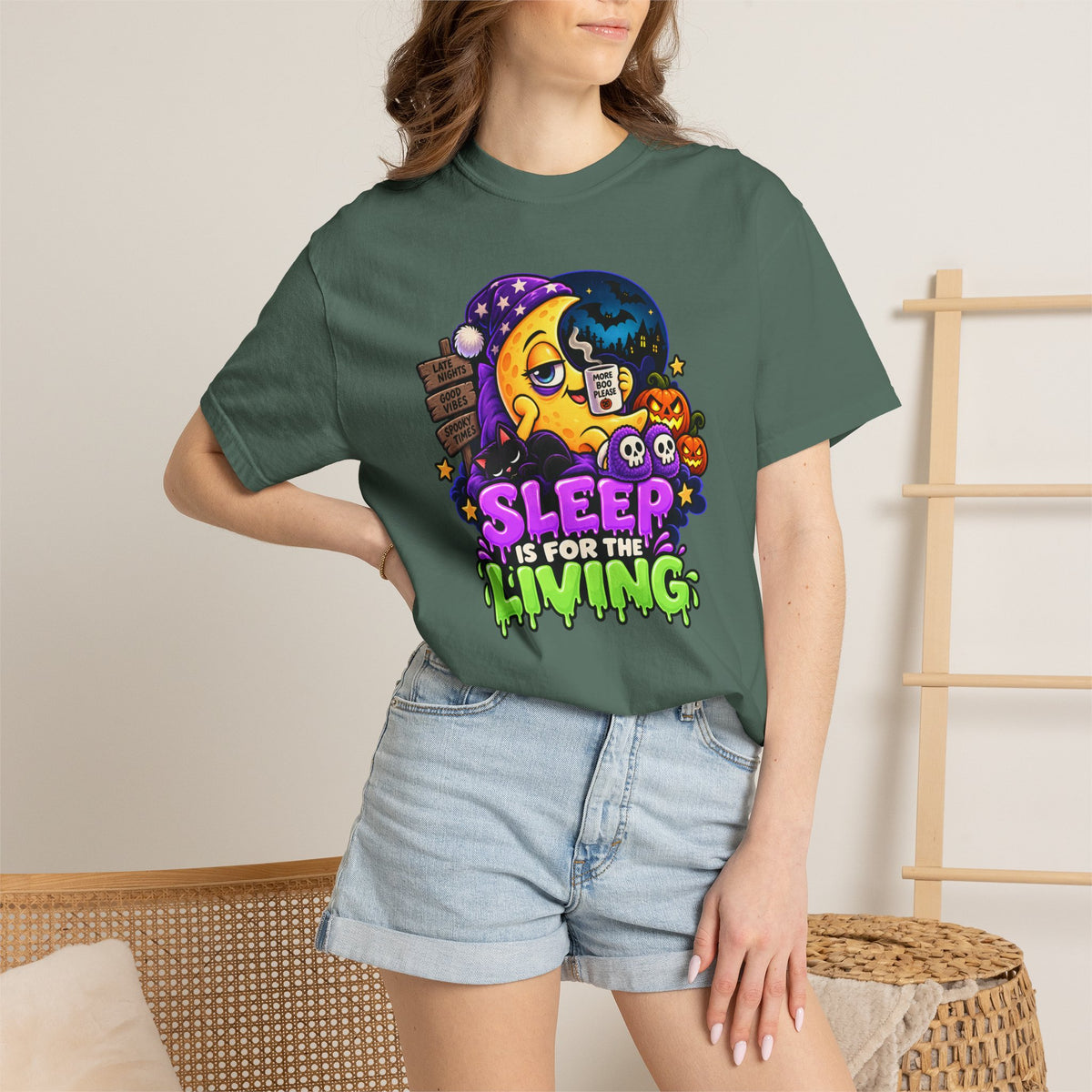 Sleep Is for the Living – Funny Halloween Moon T-Shirt