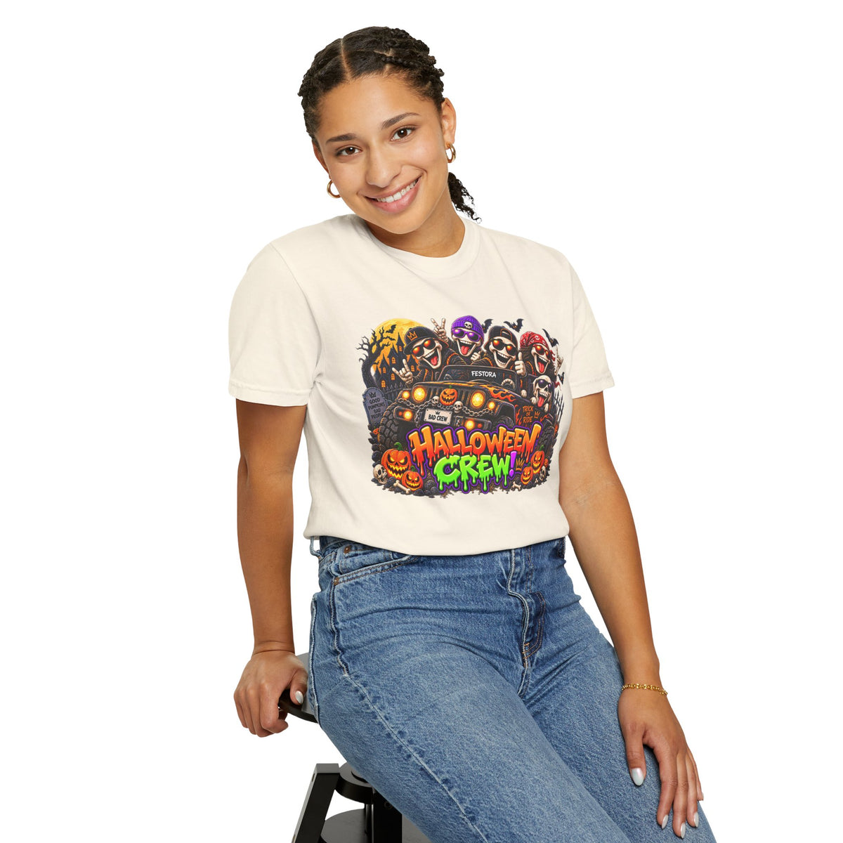 Halloween Crew T-Shirt – Skeleton Jeep Spooky Graphic Tee