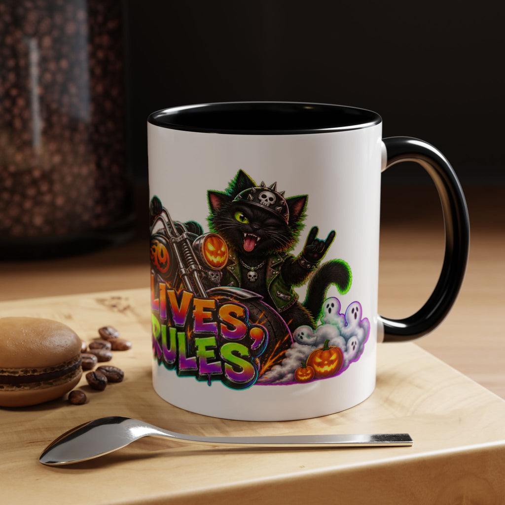 Nine Lives Zero Rules Biker Cats Halloween White Mug