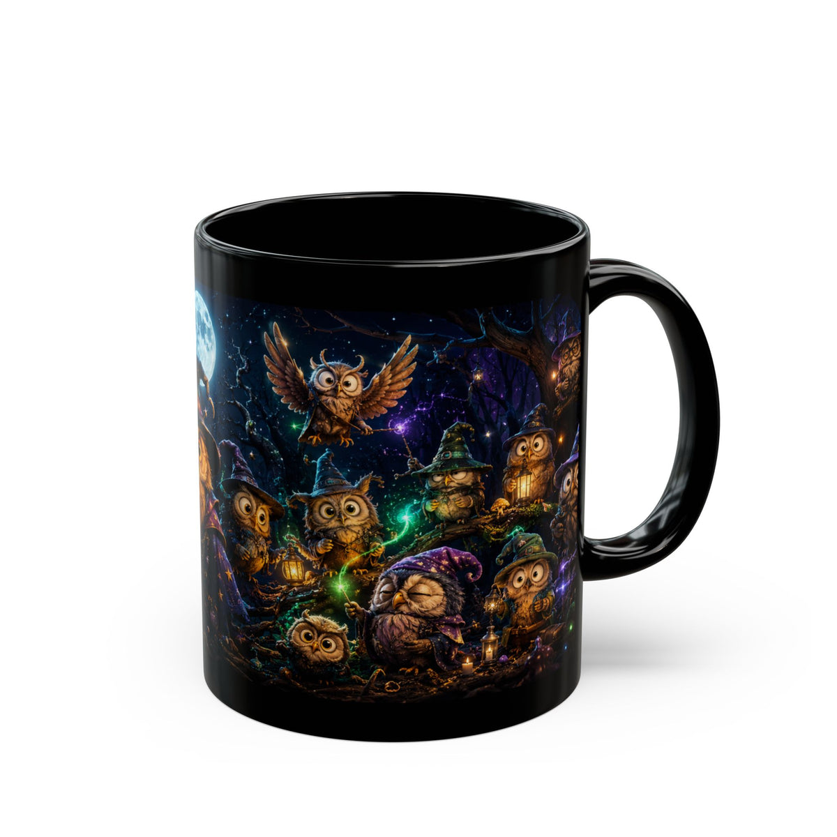 Halloween Owl Magic Black Mug — Witchy Owls Night Sky Coffee Cup (11oz/15oz)