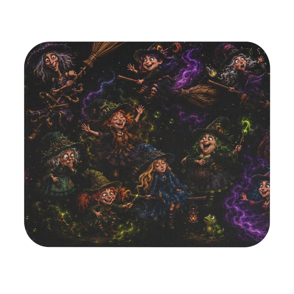 Witchy Night Rectangle Mouse Pad — Cute Cartoon Witches Halloween Design