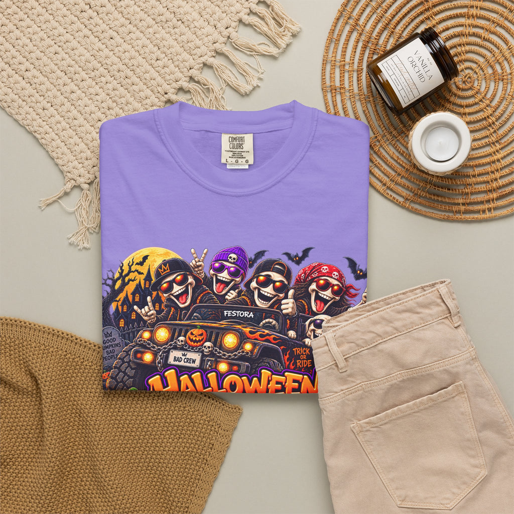 Halloween Crew T-Shirt – Skeleton Jeep Spooky Graphic Tee
