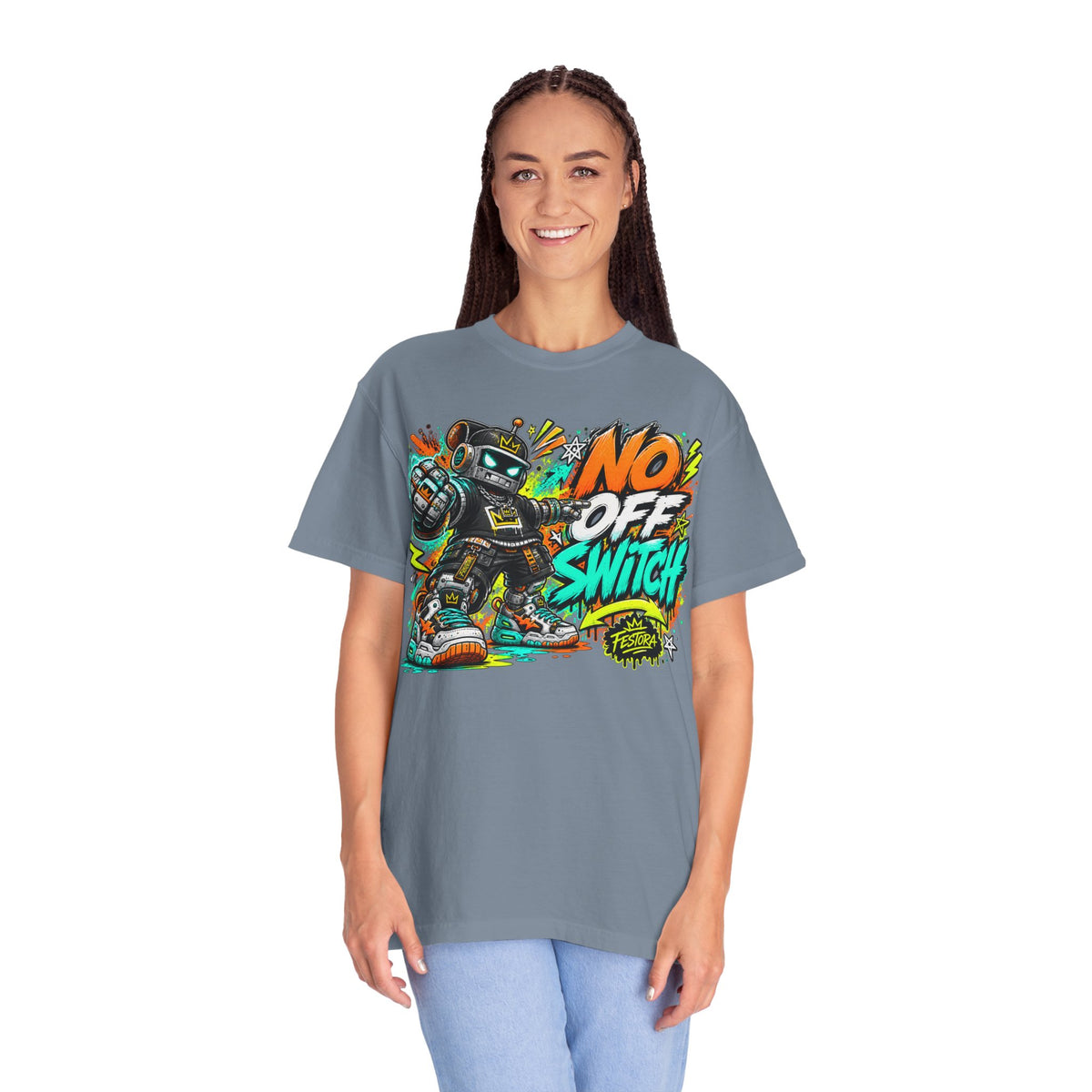 No Off Switch Robot Graphic T-Shirt — Bold Retro Streetwear Design