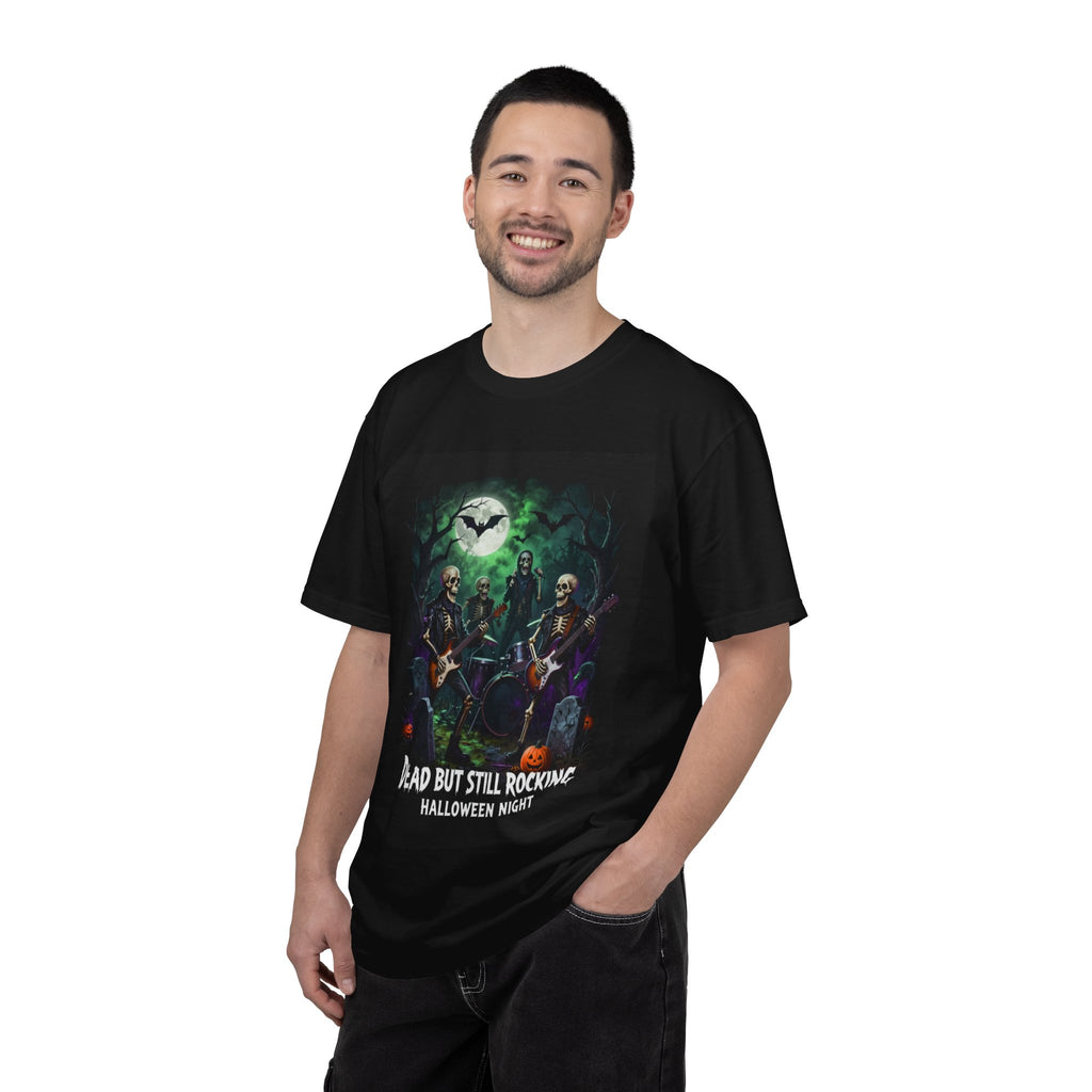 Halloween Rock Band T-Shirt — "Dead But Still Rocking" Skeleton Guitar Tee