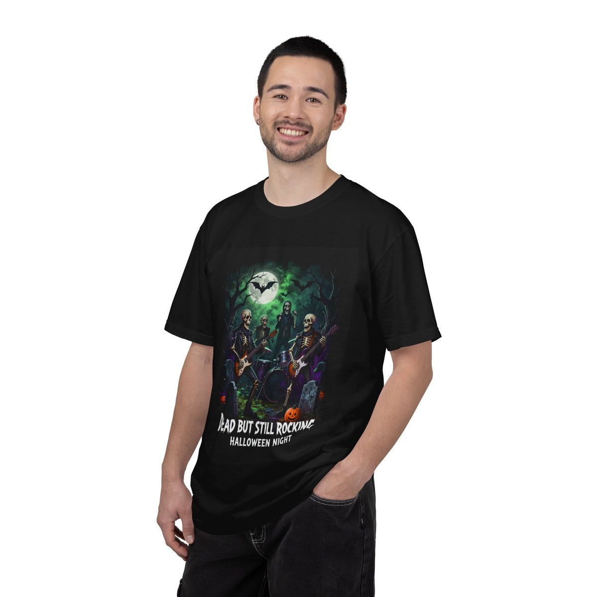 Halloween Rock Band T-Shirt — "Dead But Still Rocking" Skeleton Guitar Tee