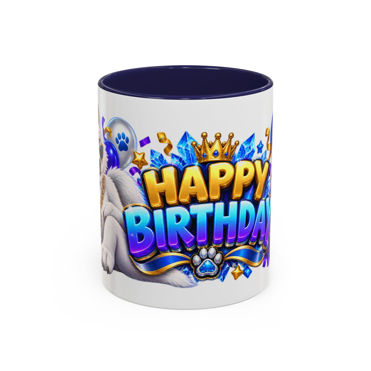 White Wolf Happy Birthday Mug – Blue Purple & Gold Birthday Gift – FestoraShop White Coffee Mug