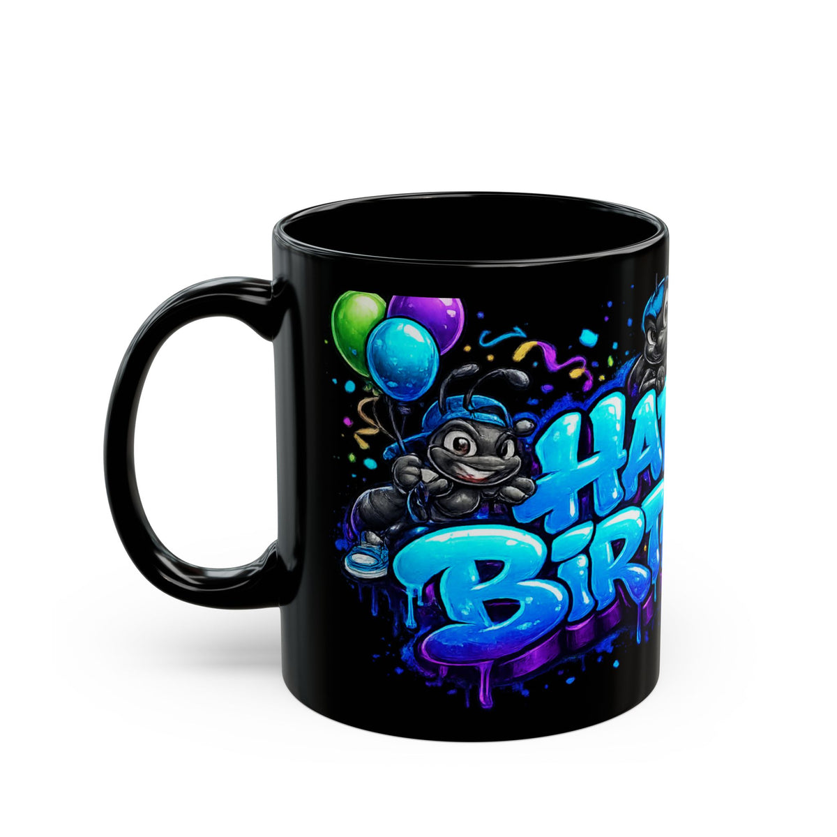 Happy Birthday Black Mug — Colorful Graffiti Cake & Cartoon Character Birthday Coffee Cup (11oz/15oz)