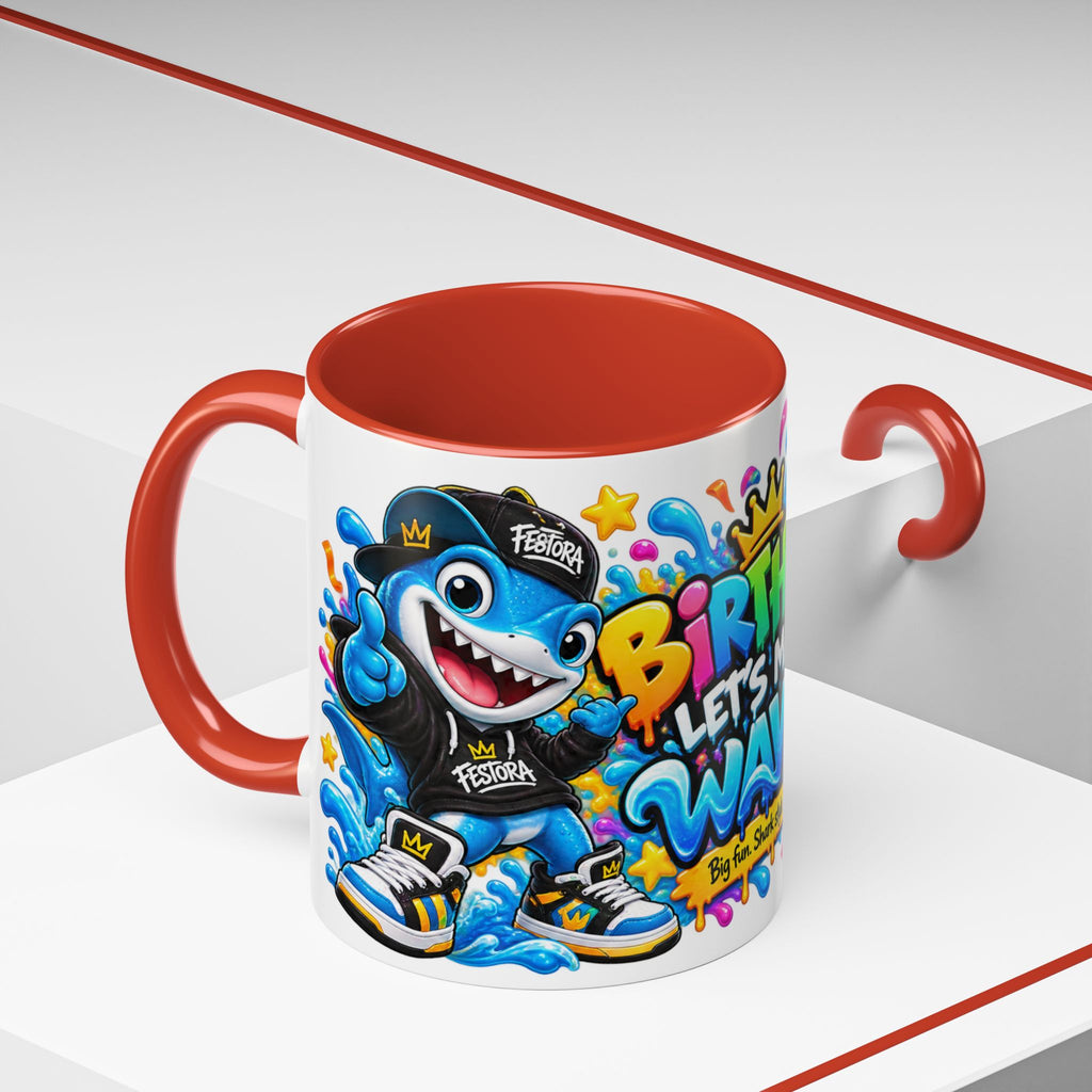 BIRTHDAY? LET’S MAKE WAVES! White Ceramic Mug – Funny Shark Birthday Coffee Cup – Original FestoraShop Design