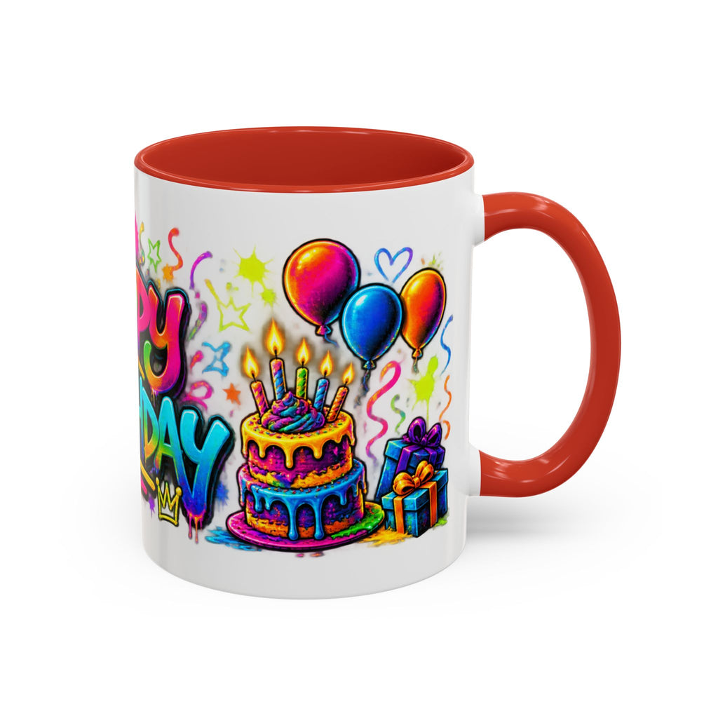 Happy Birthday Accent Coffee Mug – Colorful Graffiti Cake & Balloons (11/15oz)