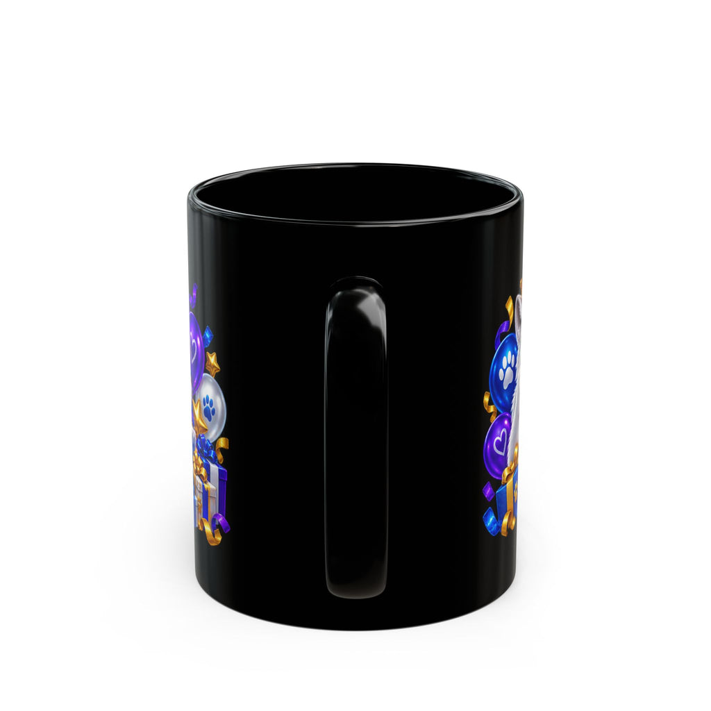 White Wolf Happy Birthday Mug – Blue Purple & Gold Birthday Design – FestoraShop Black Coffee Mug