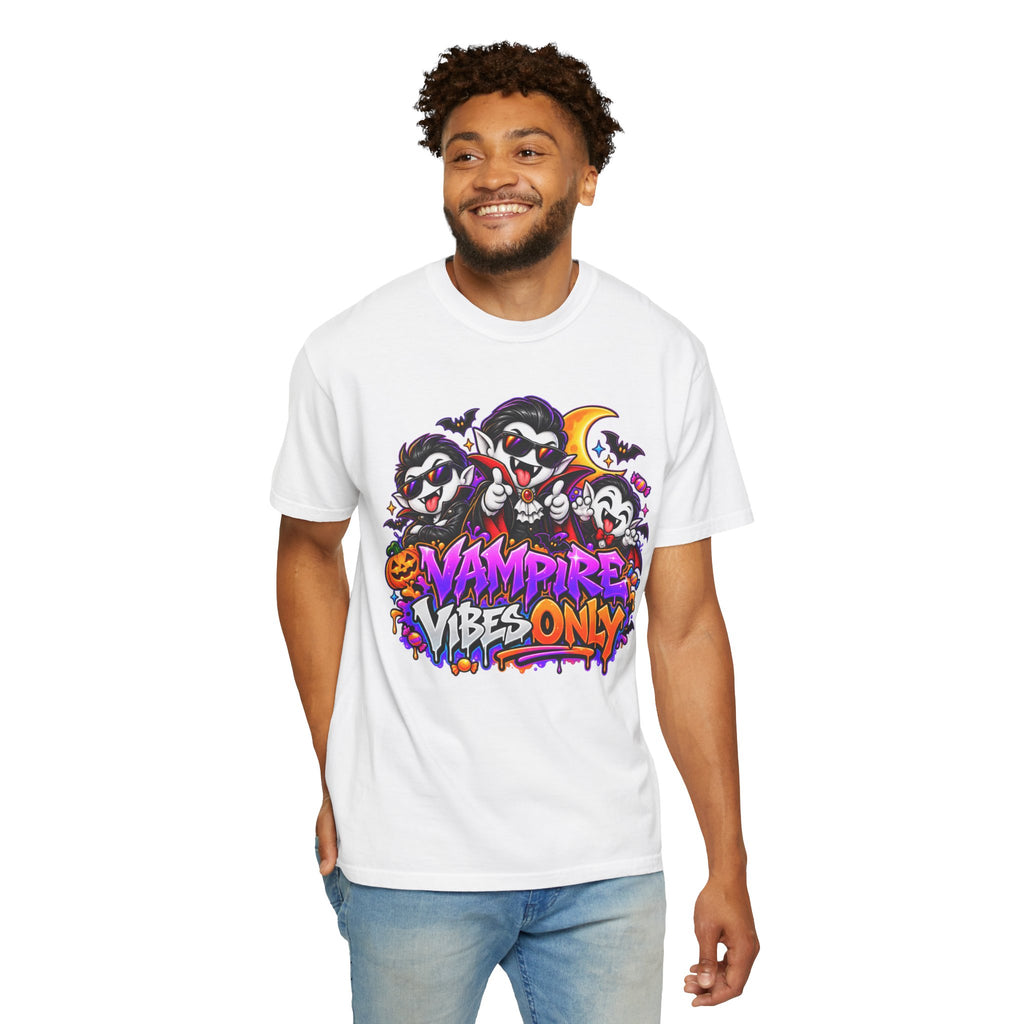 Neon Vampire Vibes Halloween Unisex Garment-Dyed T-Shirt Featuring a Cool Festora Vampire Crew