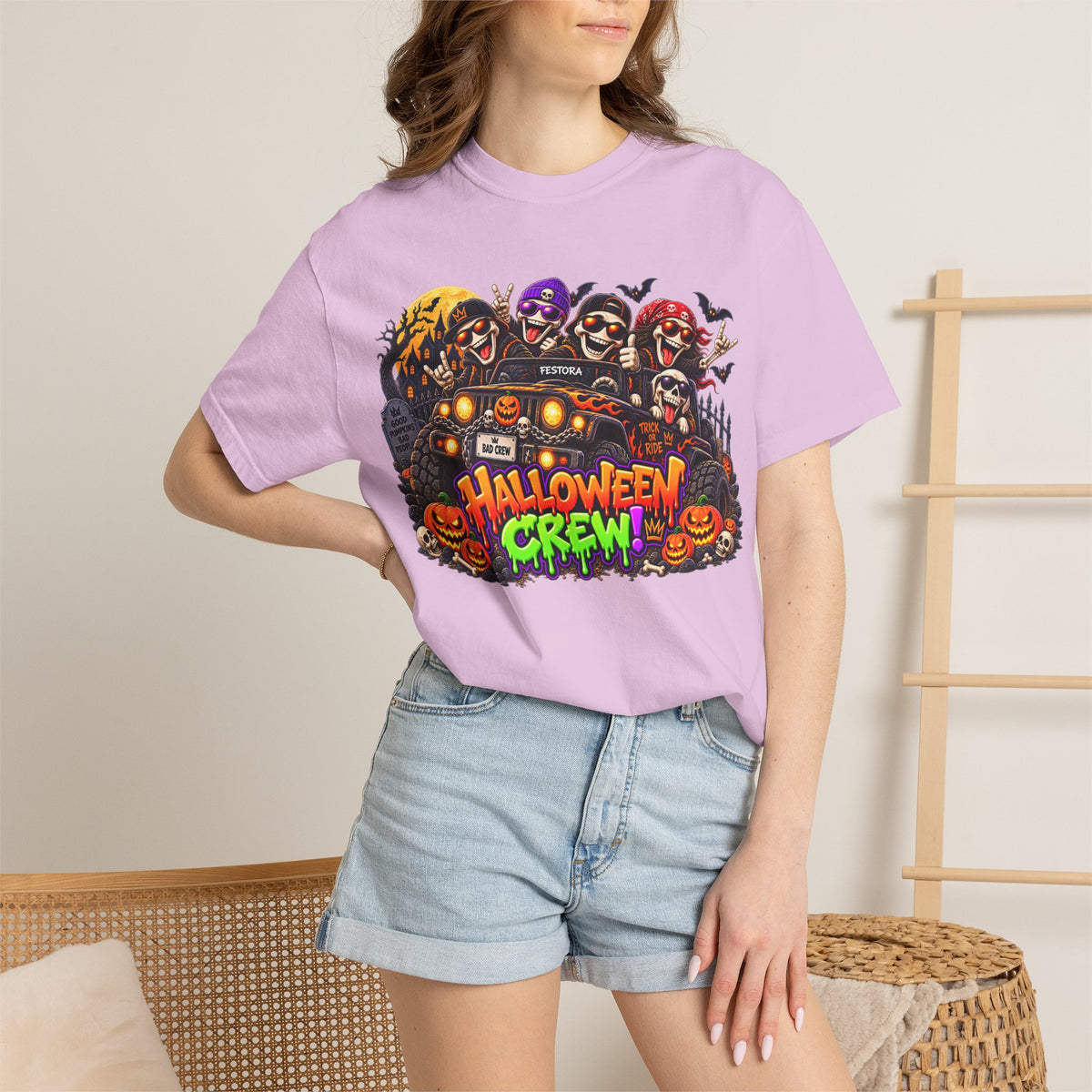 Halloween Crew T-Shirt – Skeleton Jeep Spooky Graphic Tee