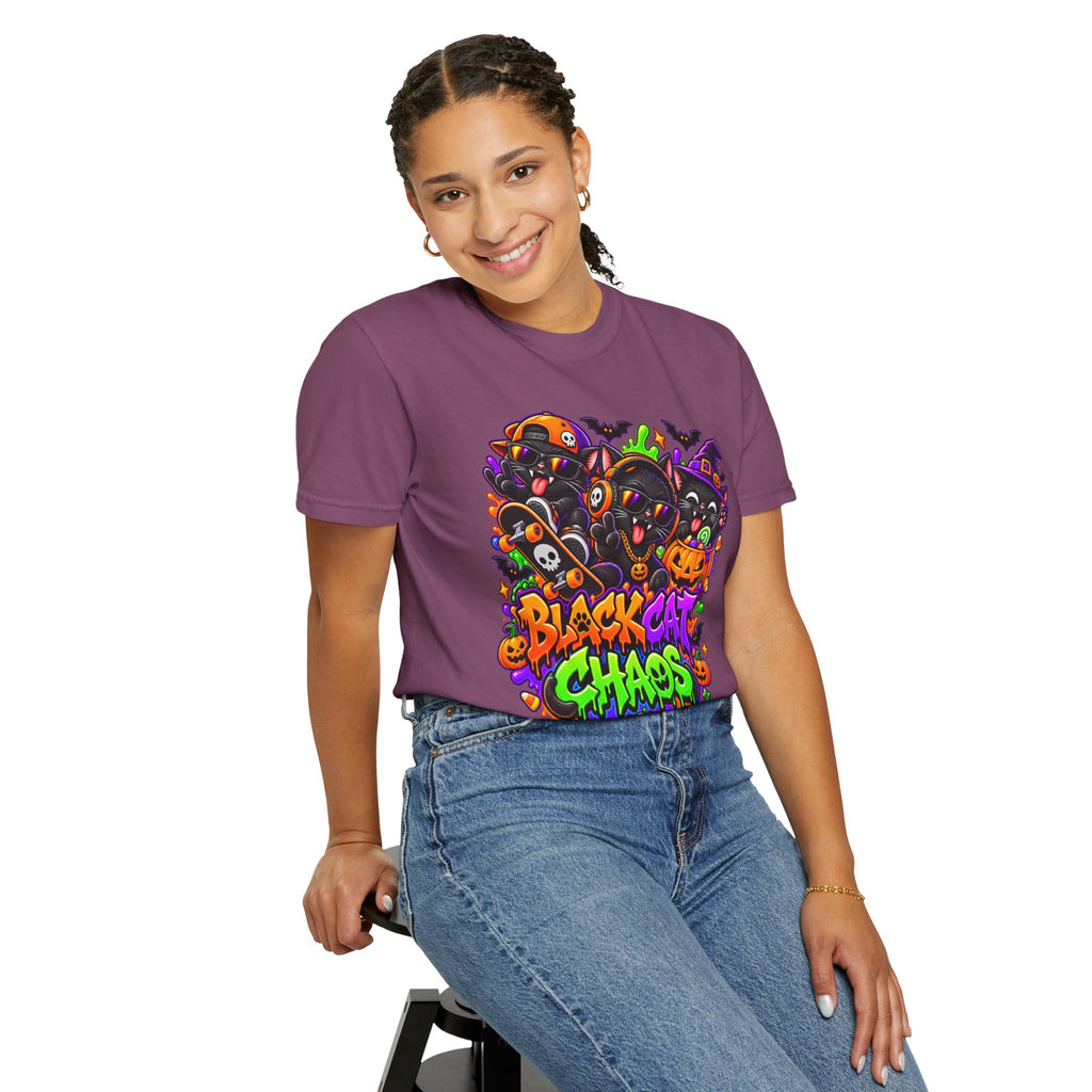 Neon Black Cat Halloween Chaos T-Shirt | Cute Spooky Cat Graphic Tee