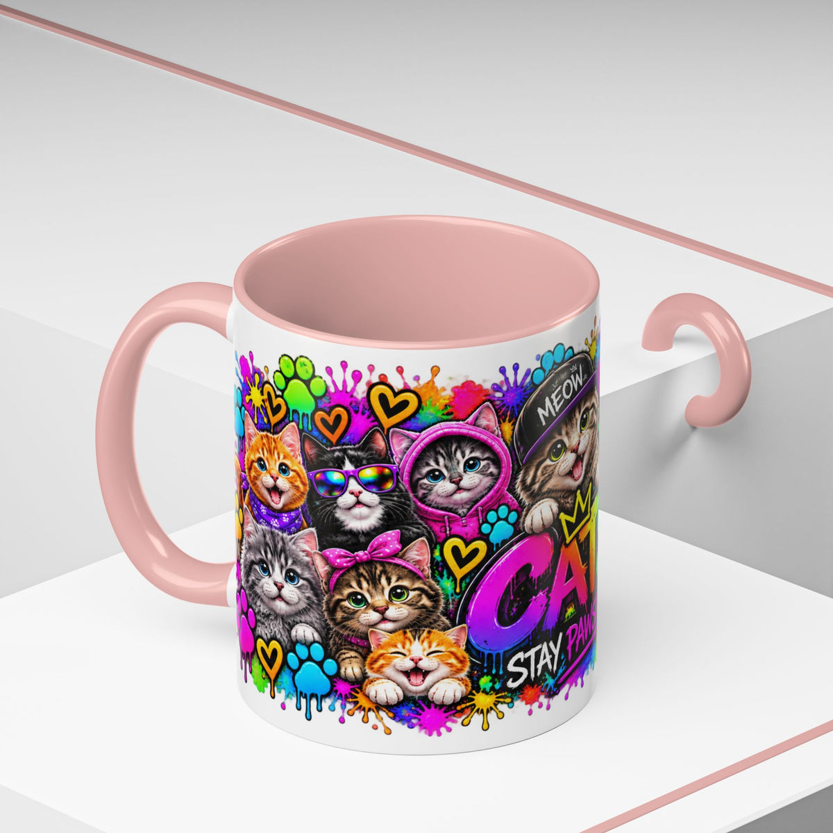 Cats Stay Pawsitive Accent Coffee Mug – Colorful Cute Cat Paw Print Design (11oz)