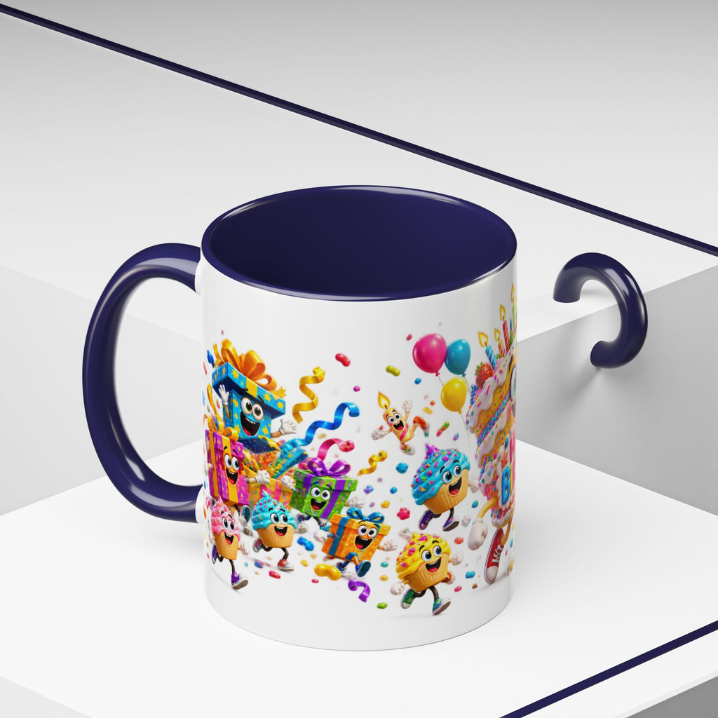 Birthday Party Coffee Mug – Colorful Happy Birthday Cake & Balloon Design (11/15oz Accent Mug)