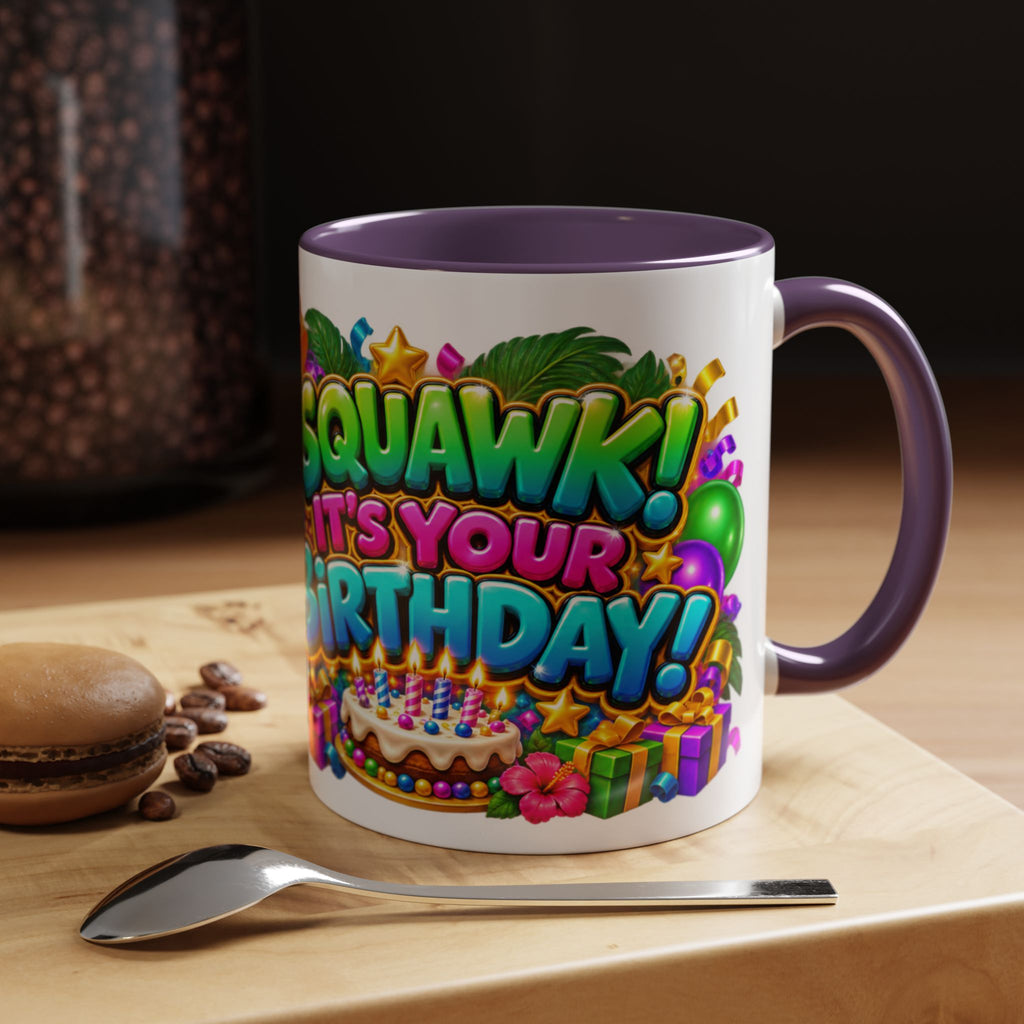 Squawk! It’s Your Birthday White Mug – Cute Parrot Birthday Cup, Colorful Tropical Party Gift