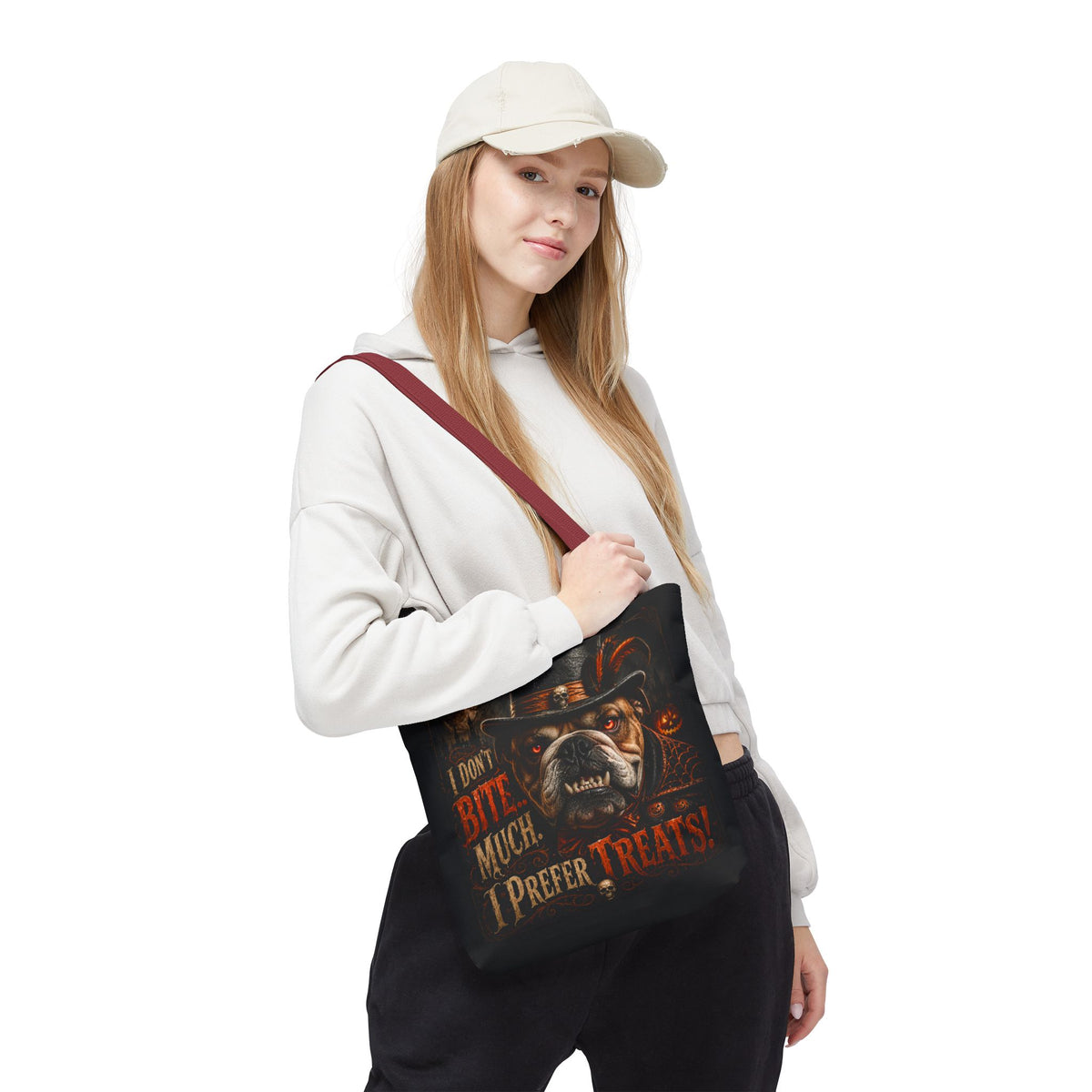 Halloween Bulldog Tote Bag — "I Don't Bite Much, I Prefer Treats" Candy‑Lovers Reusable Bag