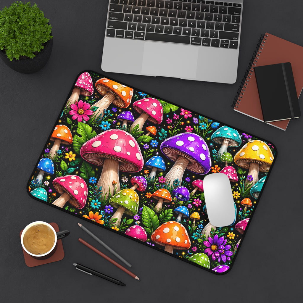 Colorful Mushroom Garden Desk Mat — Bright Psychedelic Desk Pad for Gamers & Creatives