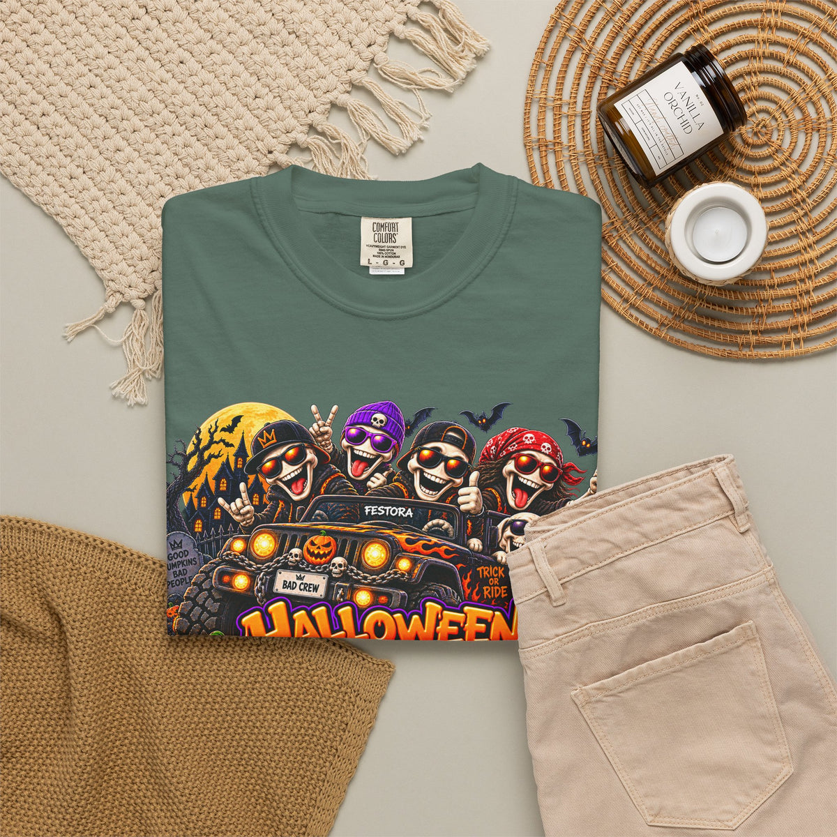 Halloween Crew T-Shirt – Skeleton Jeep Spooky Graphic Tee