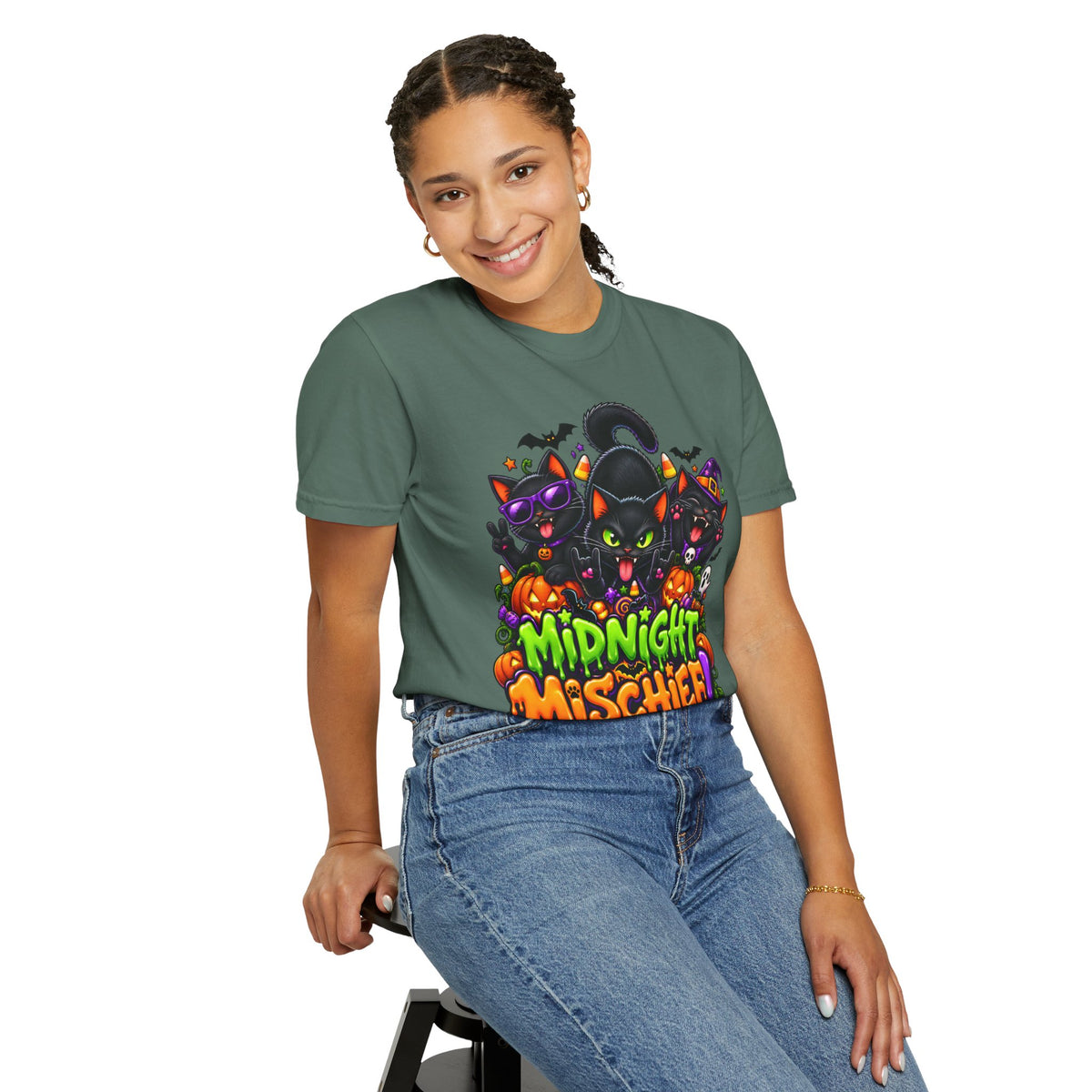 Midnight Mischief Halloween T-Shirt – Funny Black Cat Graphic Tee