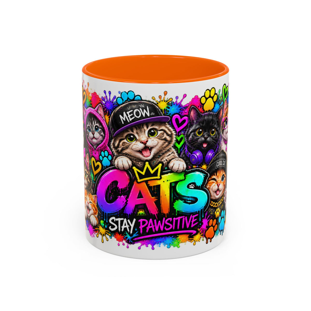 Cats Stay Pawsitive Accent Coffee Mug – Colorful Cute Cat Paw Print Design (11oz)