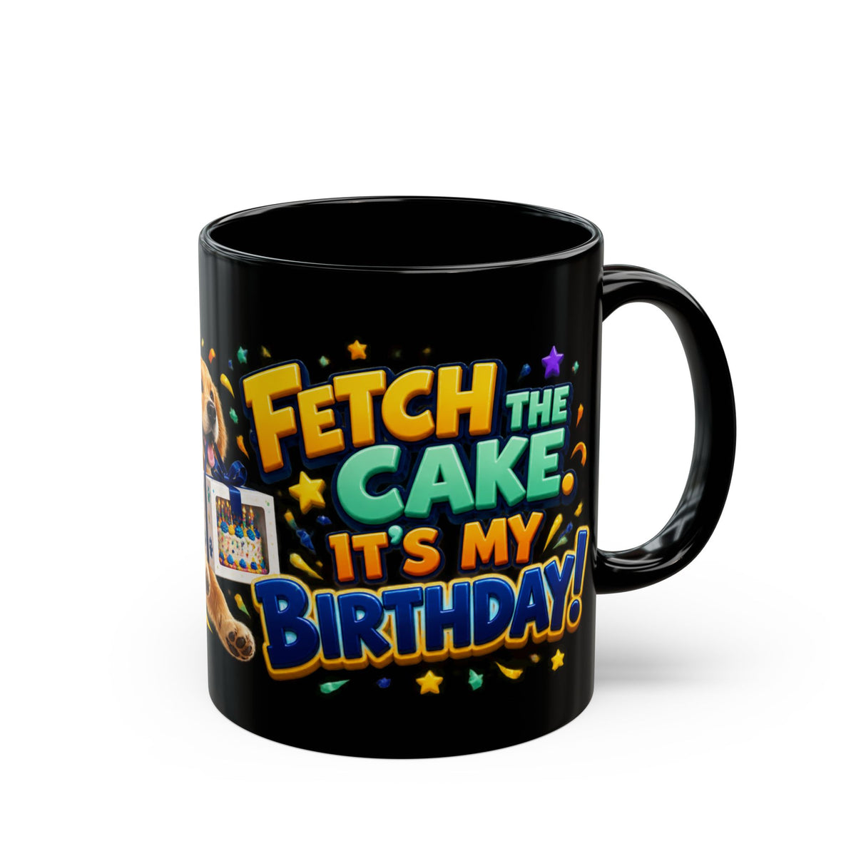 Fetch the Cake Golden Retriever Birthday Black Mug