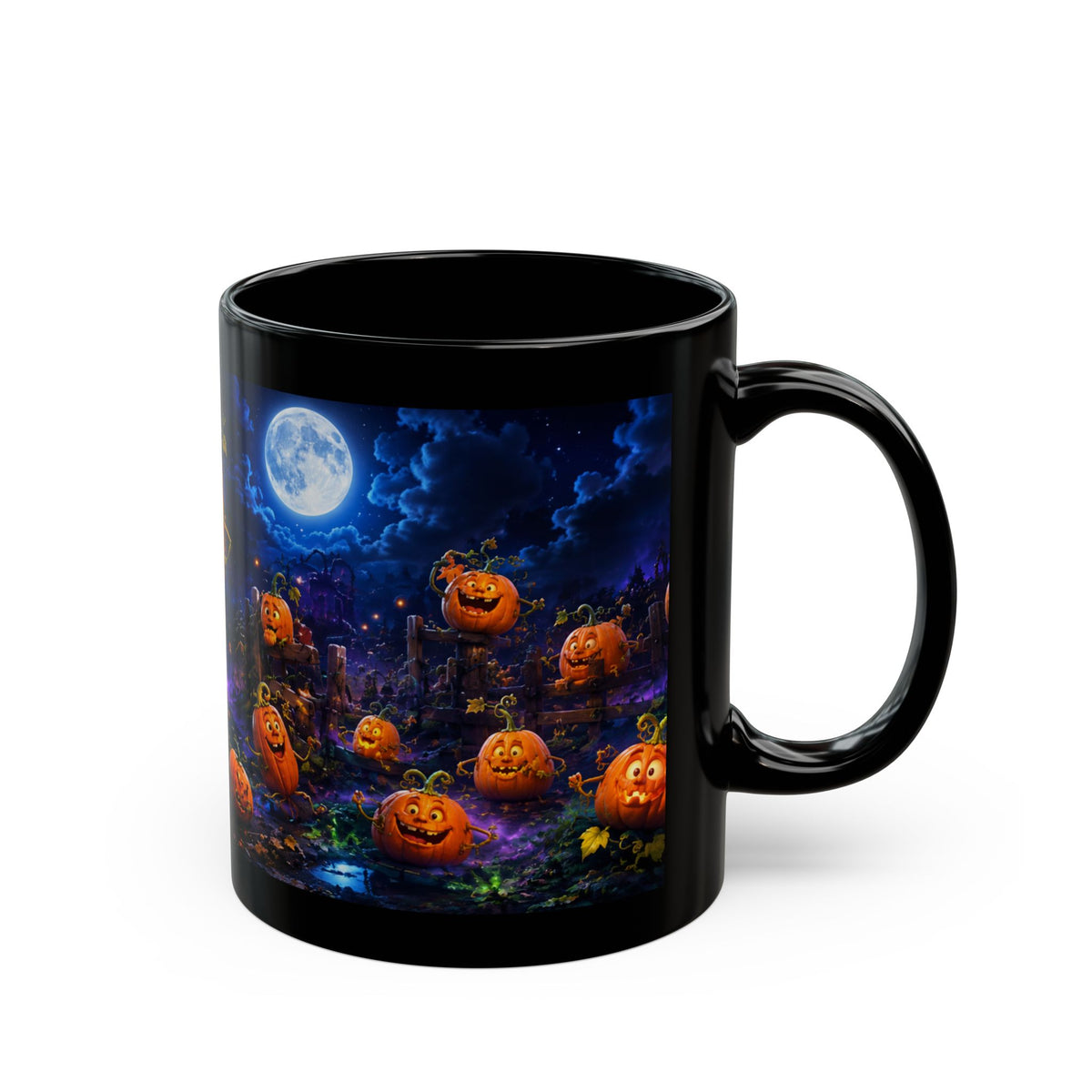 Halloween Pumpkin Patch Black Mug — Spooky Moonlit Jack-o'-Lantern Coffee Cup (11oz & 15oz)