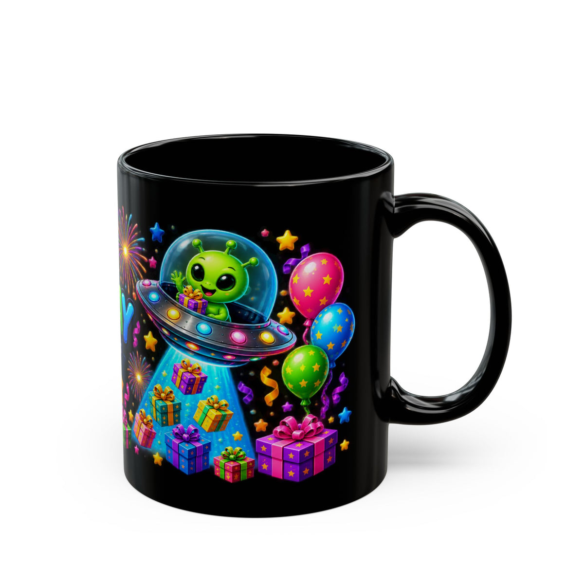 Happy Birthday Alien Mug — Colorful UFO Birthday Coffee Cup (11oz)