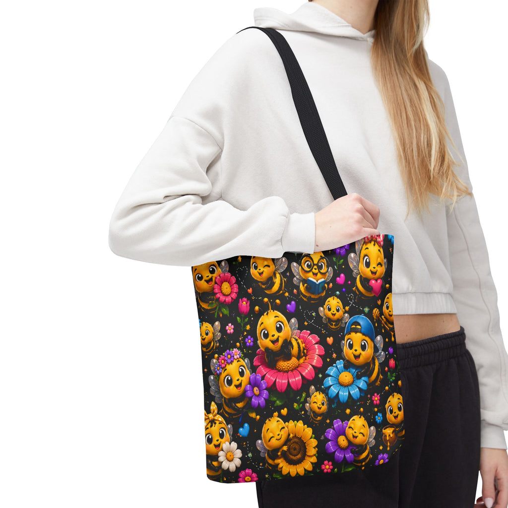 Cute Bee Pattern Tote Bag — Colorful Floral Cartoon Bees All-Over Print
