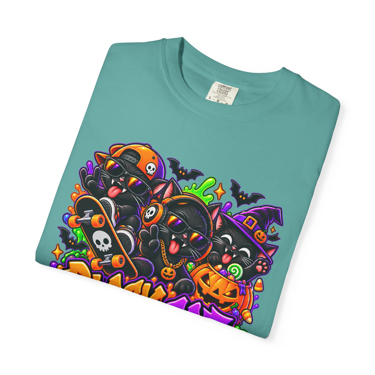 Neon Black Cat Halloween Chaos T-Shirt | Cute Spooky Cat Graphic Tee