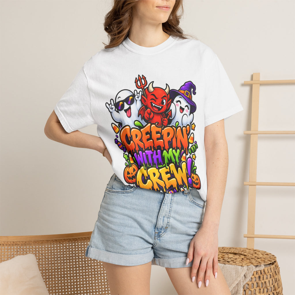 Creepin’ With My Crew Halloween T-Shirt – Colorful Funny Ghost & Devil Graphic Tee