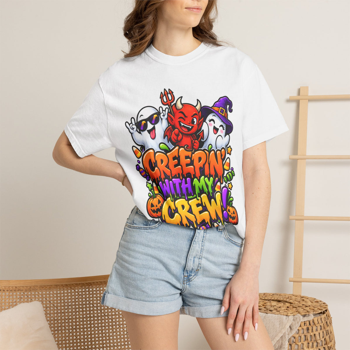 Creepin’ With My Crew Halloween T-Shirt – Colorful Funny Ghost & Devil Graphic Tee