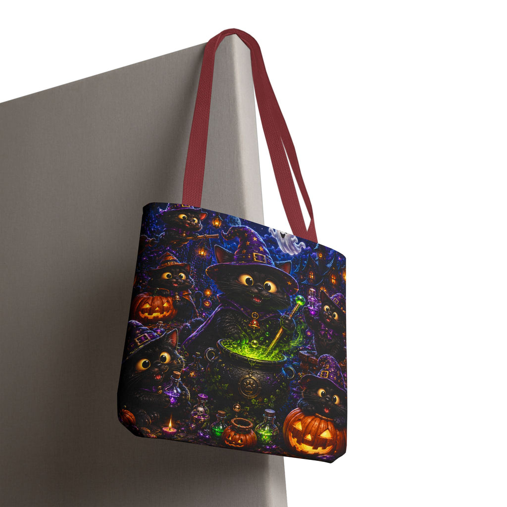 Halloween Black Cat Witches Tote Bag — Cute 3D Cats, Cauldron & Pumpkins Design