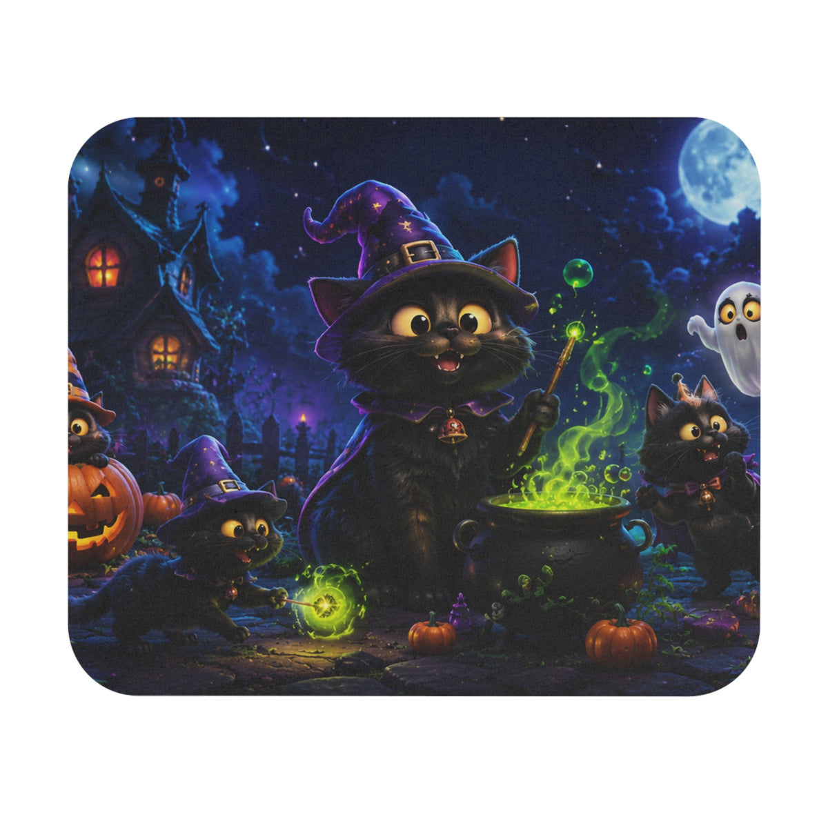 Halloween Witch Cat Mouse Pad — Cute Spooky Cat Cauldron Design