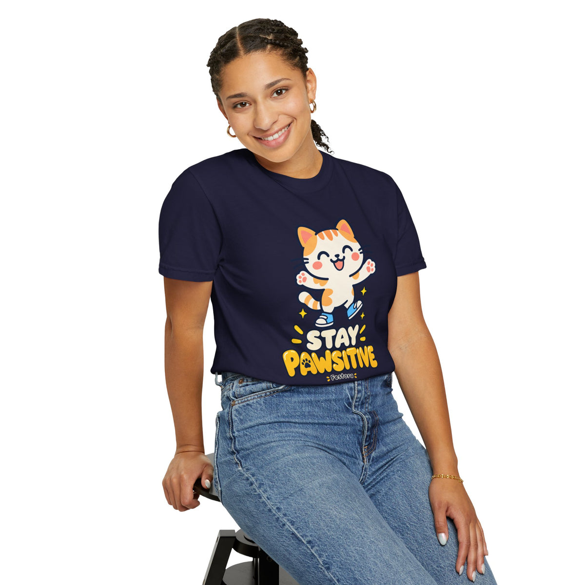Stay Pawsitive – Cute Happy Cat Graphic T-Shirt
