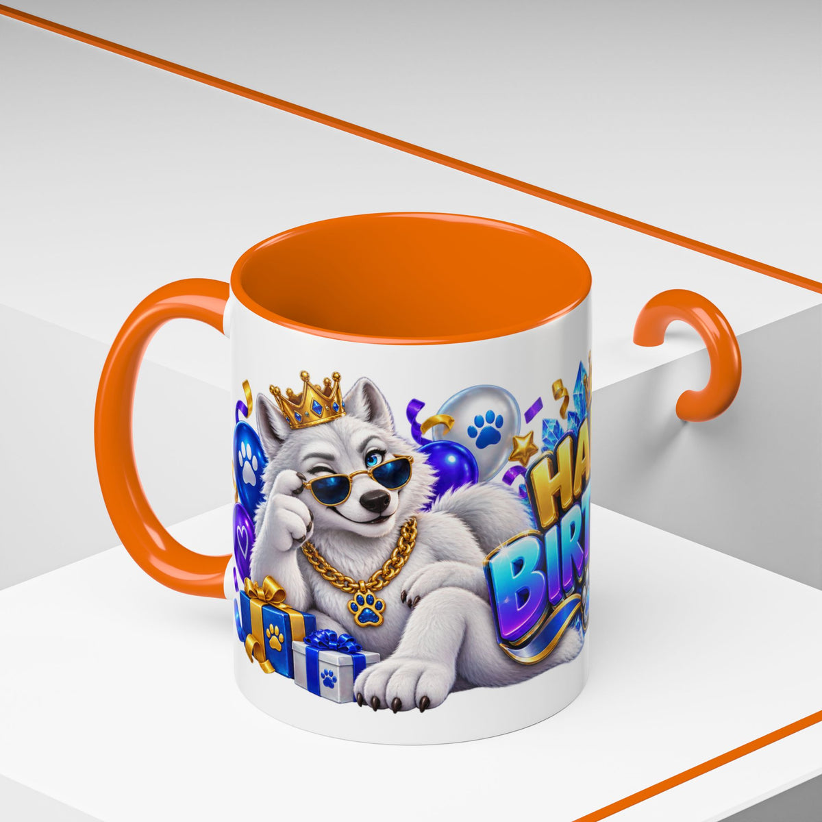 White Wolf Happy Birthday Mug – Blue Purple & Gold Birthday Gift – FestoraShop White Coffee Mug