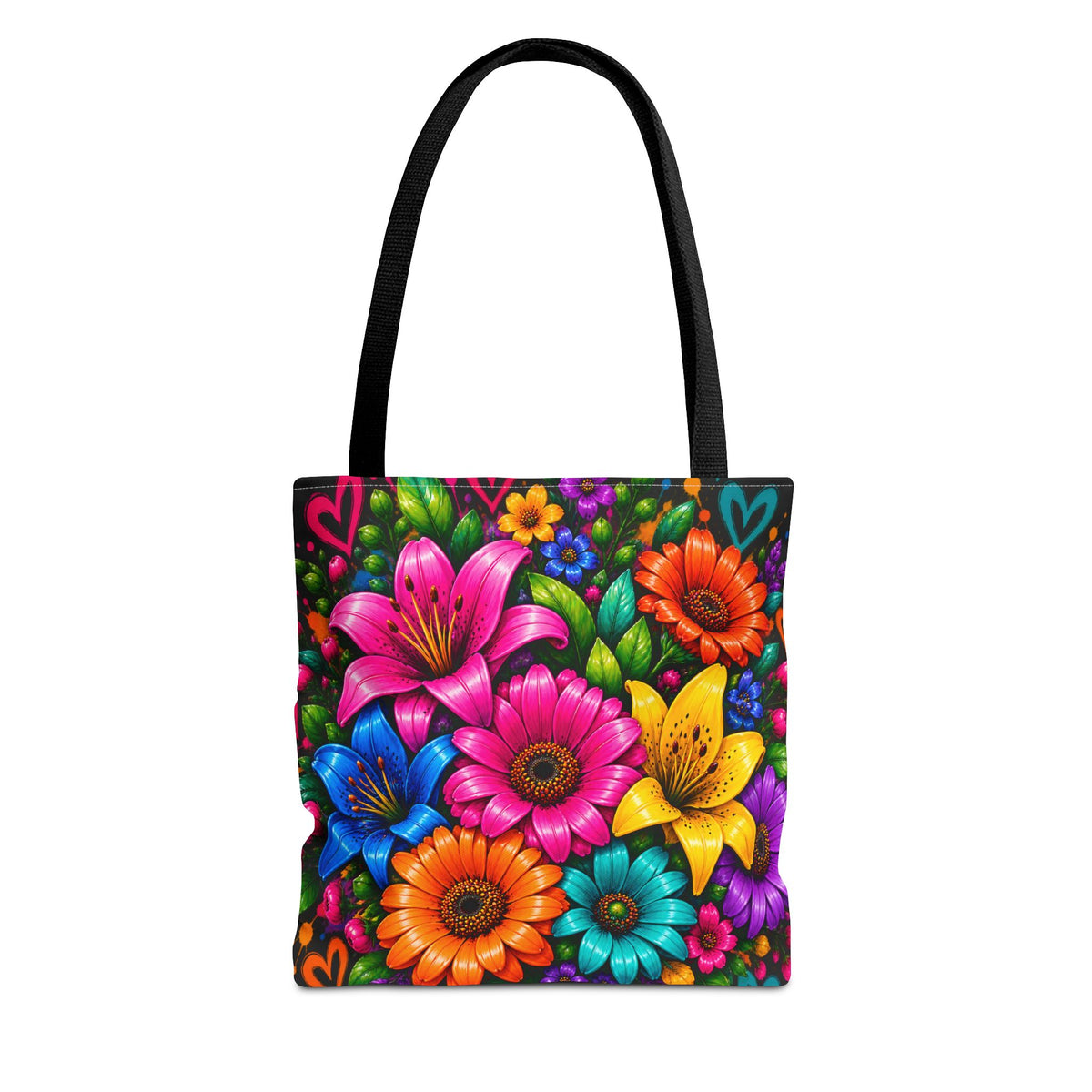 Festora Floral Burst Tote Bag — Colorful Flowers on Black