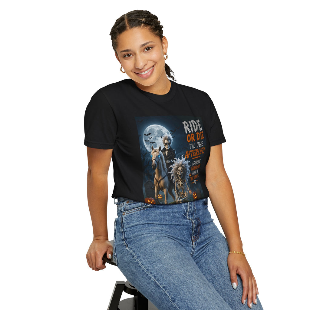 Ride or Die 'Til the Afterlife T-Shirt — Halloween Skeleton Biker Graphic Tee