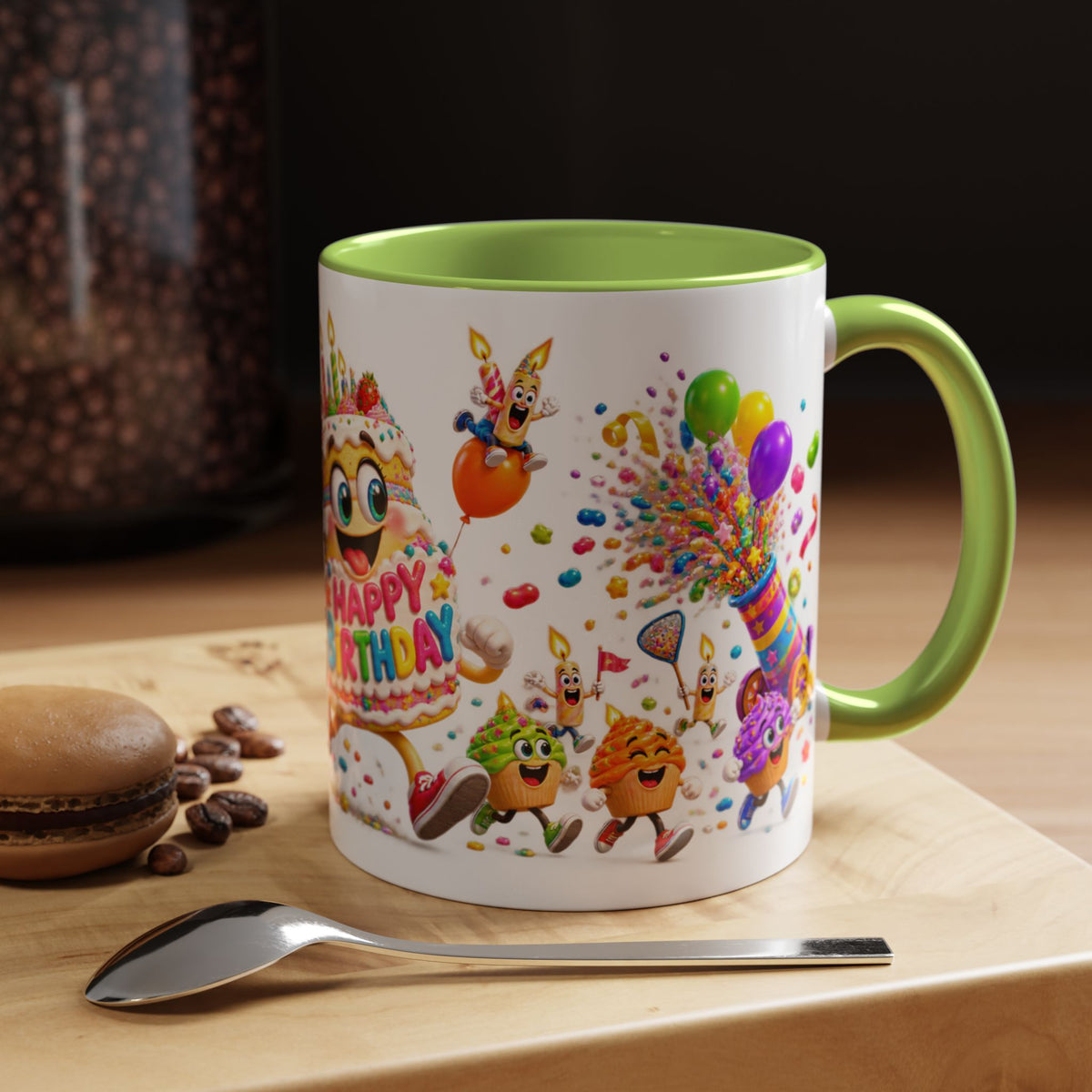 Birthday Party Coffee Mug – Colorful Happy Birthday Cake & Balloon Design (11/15oz Accent Mug)