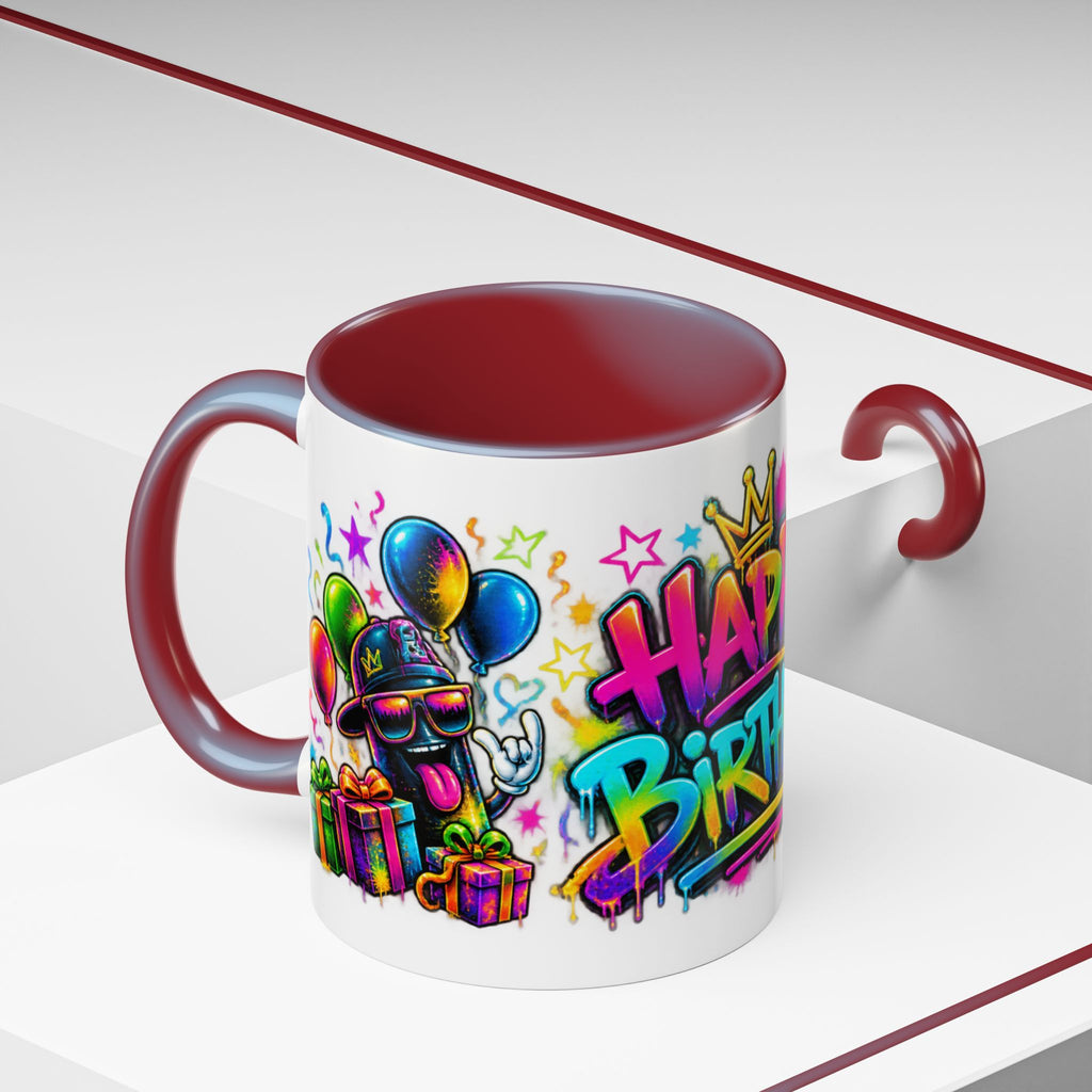 Happy Birthday Accent Coffee Mug – Colorful Graffiti Cake & Balloons (11/15oz)