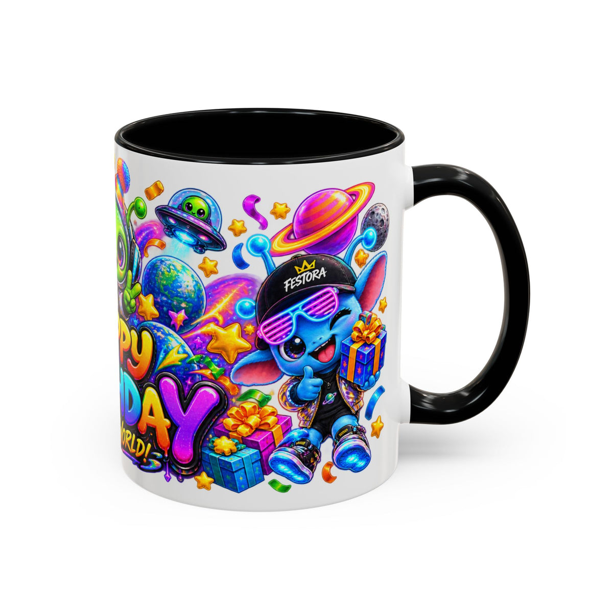 Happy Birthday Out of This World Accent Mug — Cute Alien Space Birthday Coffee Cup (11oz)