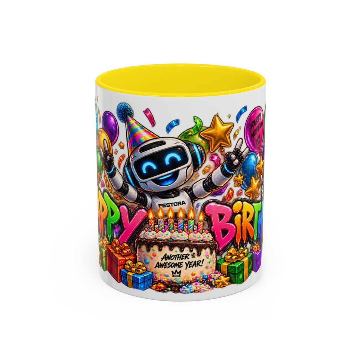 Birthday Robot Coffee Mug — Colorful Happy Birthday Accent Mug (11oz)