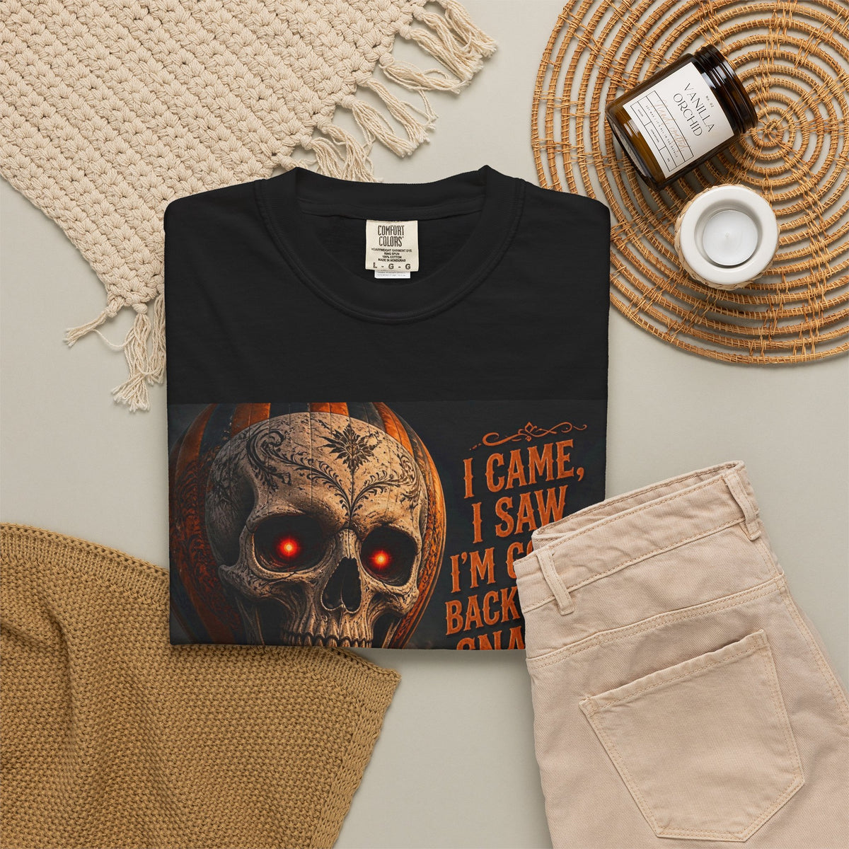 Halloween Skull T-Shirt — “I Came, I Saw, I’m Going Back for Snacks” Graphic Tee