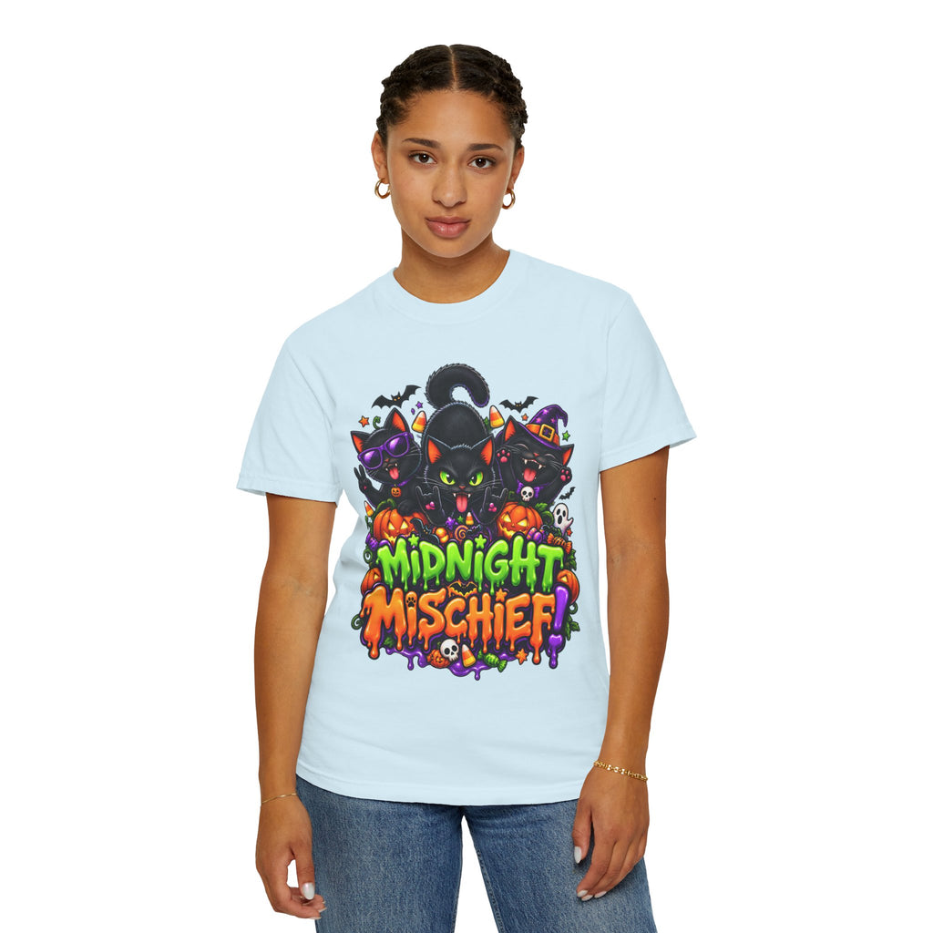 Midnight Mischief Halloween T-Shirt – Funny Black Cat Graphic Tee