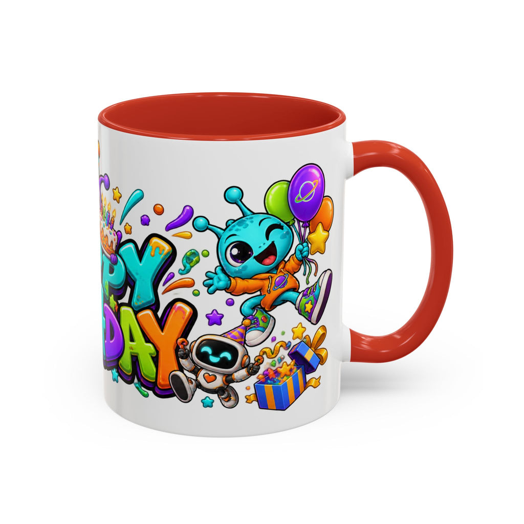 Happy Birthday Alien Mug – Colorful Space Party Cup with Cute Aliens & Robots