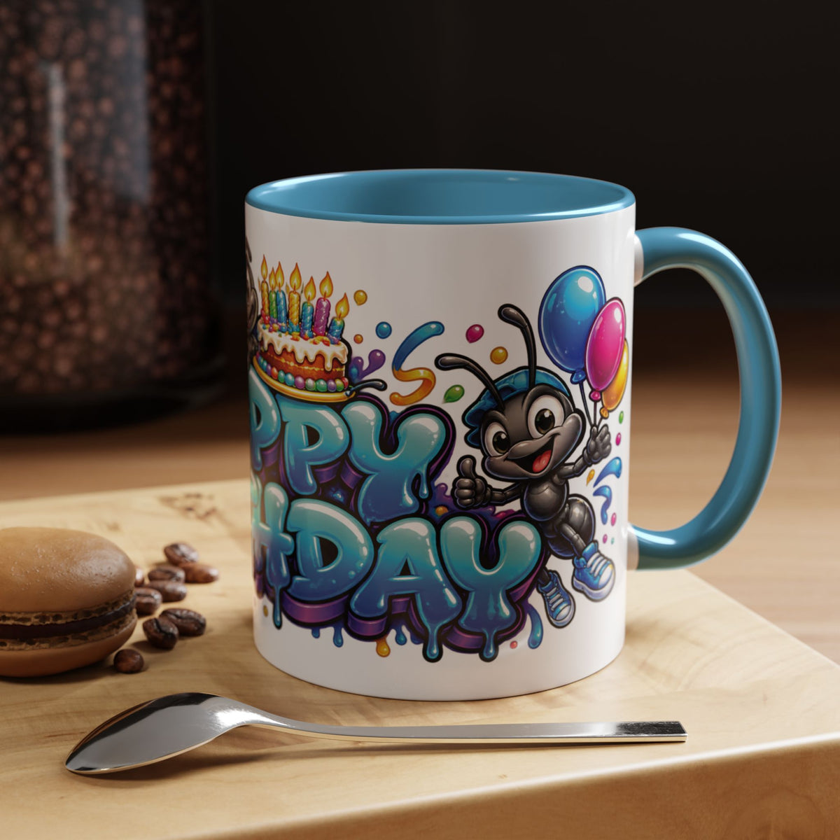 Happy Birthday Cartoon Mug – Graffiti Ants, Birthday Cake, Balloons & Confetti Coffee Cup