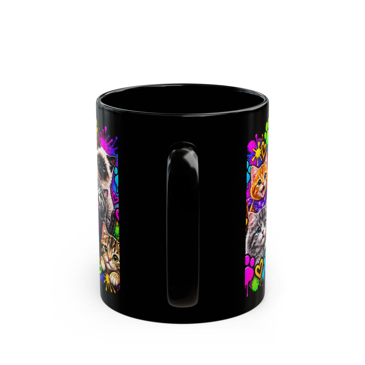 Cats Stay Pawsitive Black Mug – Colorful Cute Cat Coffee Cup (11oz)