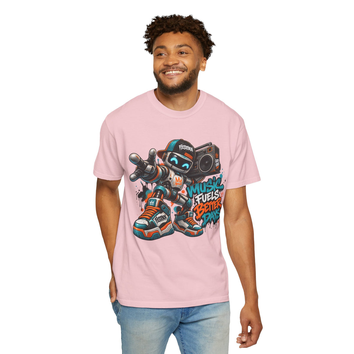 Music Fuels Better Days T-Shirt — Retro Robot Boombox Streetwear