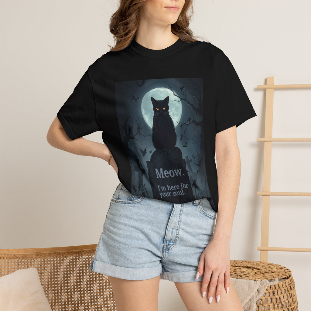 Cat Tombstone T‑Shirt — "Meow. I'm here for your soul." Spooky Halloween Tee