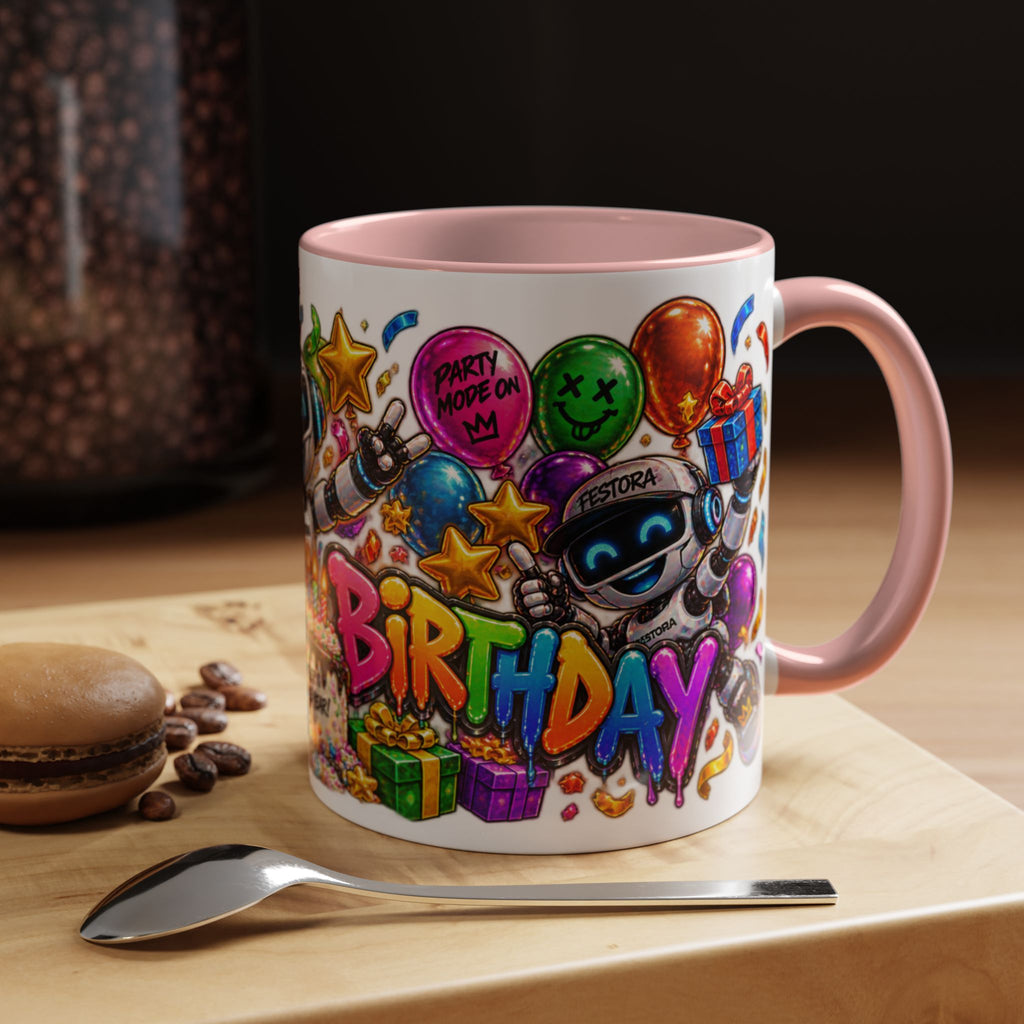 Birthday Robot Coffee Mug — Colorful Happy Birthday Accent Mug (11oz)
